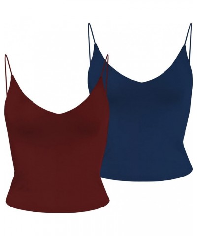 Amilia Women's Basic Solid Deep V Neck Cami Spaghetti Double Layer Crop Tank Tops Casual Shirts Burgundy&navy $17.09 Tanks