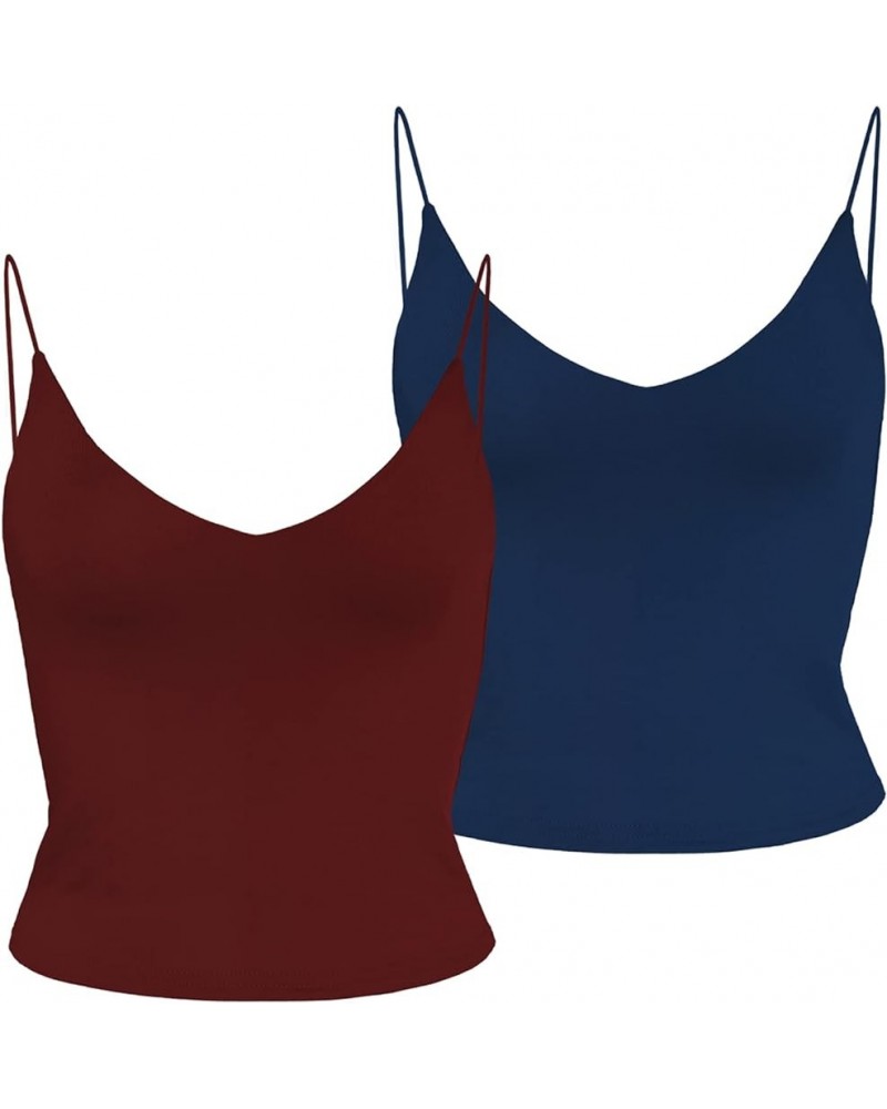 Amilia Women's Basic Solid Deep V Neck Cami Spaghetti Double Layer Crop Tank Tops Casual Shirts Burgundy&navy $17.09 Tanks