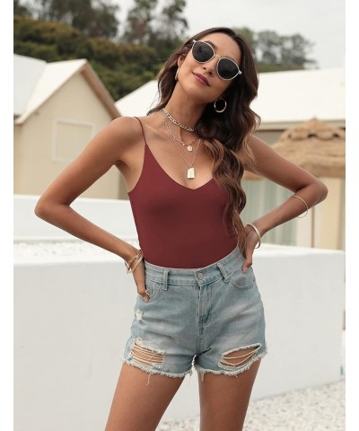 Amilia Women's Basic Solid Deep V Neck Cami Spaghetti Double Layer Crop Tank Tops Casual Shirts Burgundy&navy $17.09 Tanks