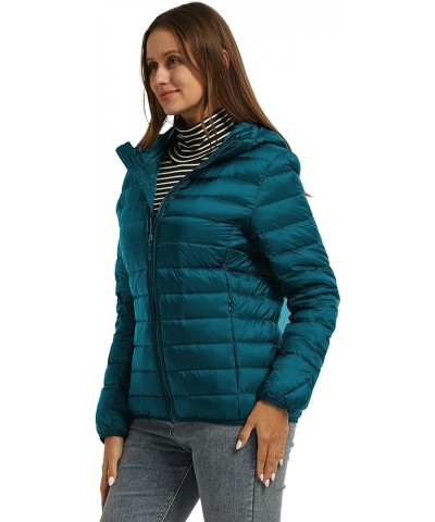 Women's Hooded Packable Ultra Light Weight Short Down Jacket Teal Blue $33.36 Jackets