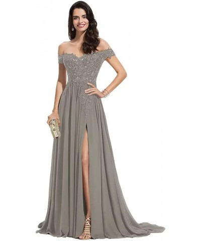 Off The Shoulder Long Prom Dresses with Slit Lace Appliques Chiffon Formal Evening Party Gowns for Women Silver $32.89 Dresses