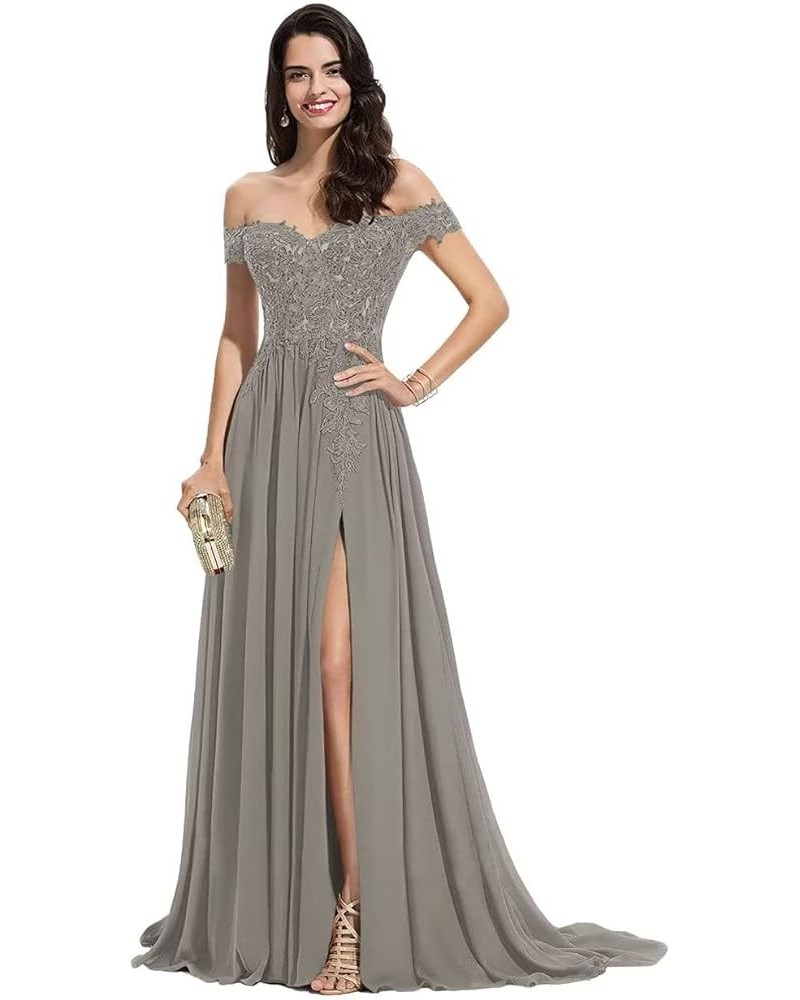 Off The Shoulder Long Prom Dresses with Slit Lace Appliques Chiffon Formal Evening Party Gowns for Women Silver $32.89 Dresses