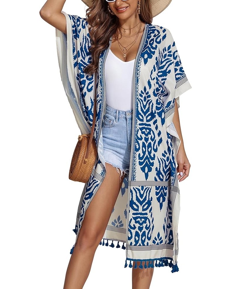 Kimonos for Women Beach Cover Up Swimsuit Coverup Bohemian Floral Kimono Cardigan with Tassels Blue $9.87 Swimsuits