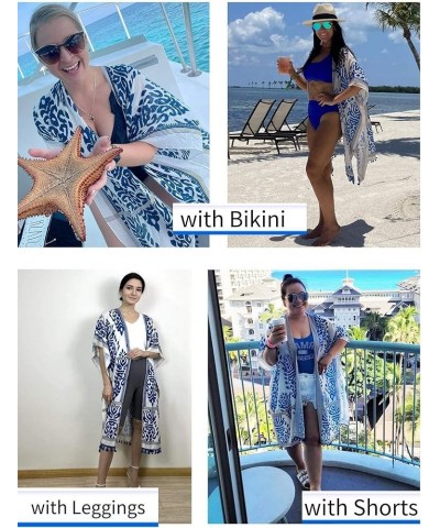 Kimonos for Women Beach Cover Up Swimsuit Coverup Bohemian Floral Kimono Cardigan with Tassels Blue $9.87 Swimsuits