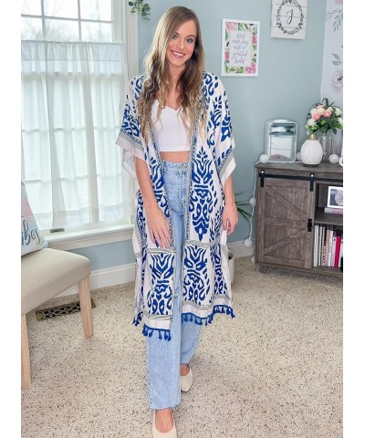 Kimonos for Women Beach Cover Up Swimsuit Coverup Bohemian Floral Kimono Cardigan with Tassels Blue $9.87 Swimsuits