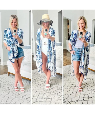 Kimonos for Women Beach Cover Up Swimsuit Coverup Bohemian Floral Kimono Cardigan with Tassels Blue $9.87 Swimsuits