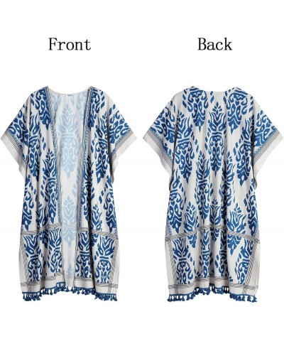 Kimonos for Women Beach Cover Up Swimsuit Coverup Bohemian Floral Kimono Cardigan with Tassels Blue $9.87 Swimsuits