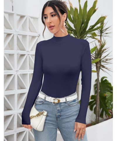 Women Mock Neck Turtleneck Sleeveless Long Sleeve Top Clothing Navy Blue $11.99 Underwear