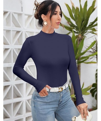 Women Mock Neck Turtleneck Sleeveless Long Sleeve Top Clothing Navy Blue $11.99 Underwear