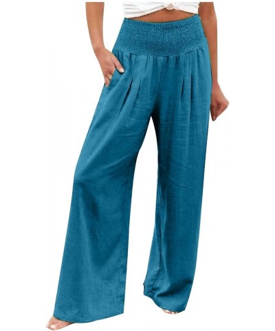 Women Linen Pants Summer Palazzo Boho Wide Leg Pants High Waist Lounge Pant Beach Flowy Casual Trousers with Pockets A01-blue...