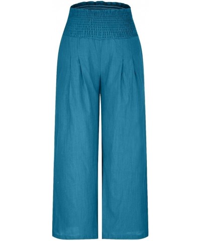 Women Linen Pants Summer Palazzo Boho Wide Leg Pants High Waist Lounge Pant Beach Flowy Casual Trousers with Pockets A01-blue...