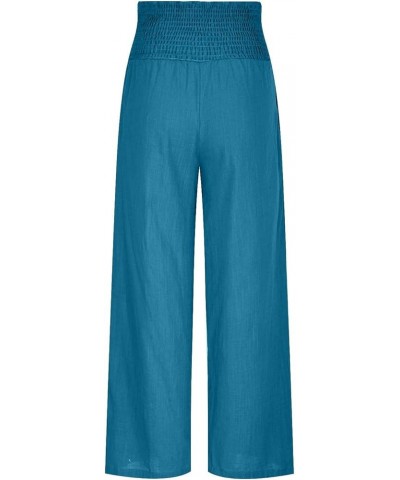 Women Linen Pants Summer Palazzo Boho Wide Leg Pants High Waist Lounge Pant Beach Flowy Casual Trousers with Pockets A01-blue...