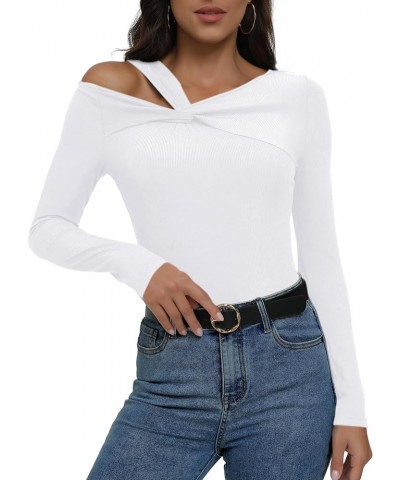 Women's Asymmetrical Neck Cut Out Long Sleeve Tops Ribbed Knit Twist Front Shirt White $10.50 Tops