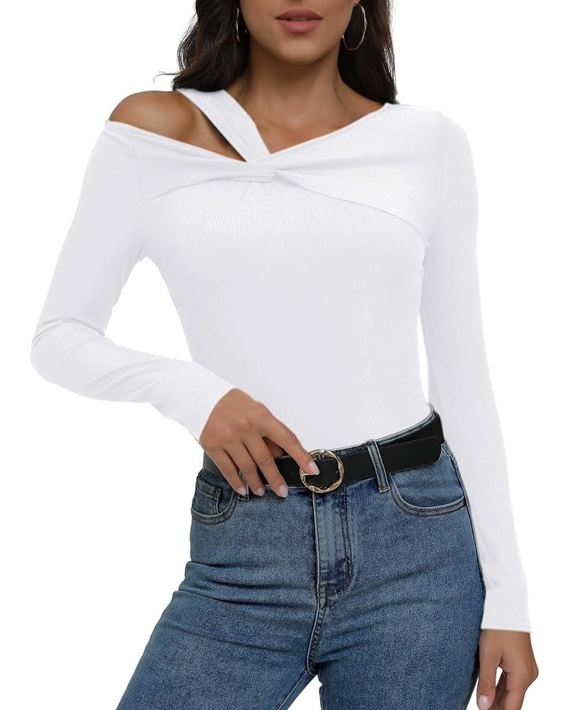 Women's Asymmetrical Neck Cut Out Long Sleeve Tops Ribbed Knit Twist Front Shirt White $10.50 Tops