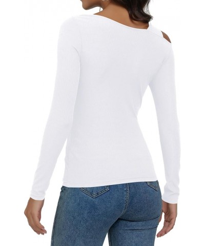 Women's Asymmetrical Neck Cut Out Long Sleeve Tops Ribbed Knit Twist Front Shirt White $10.50 Tops