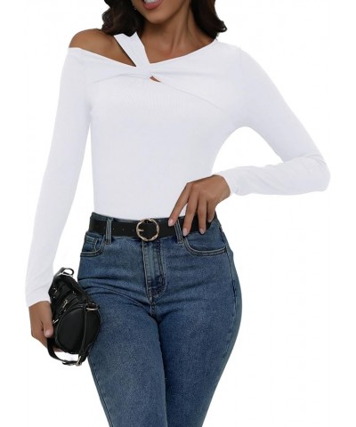 Women's Asymmetrical Neck Cut Out Long Sleeve Tops Ribbed Knit Twist Front Shirt White $10.50 Tops