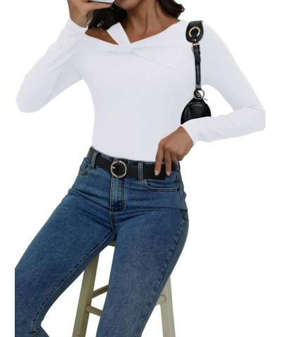 Women's Asymmetrical Neck Cut Out Long Sleeve Tops Ribbed Knit Twist Front Shirt White $10.50 Tops