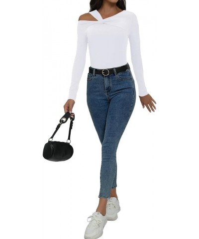 Women's Asymmetrical Neck Cut Out Long Sleeve Tops Ribbed Knit Twist Front Shirt White $10.50 Tops