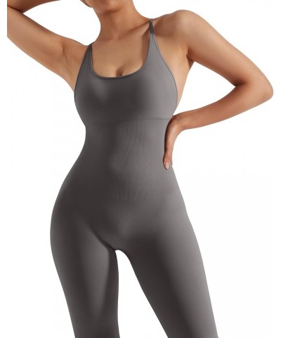 Women Strappy Backless One Piece Jumpsuits Seamless Tummy Control Workout Romper Wc03-grey Green $14.88 Jumpsuits