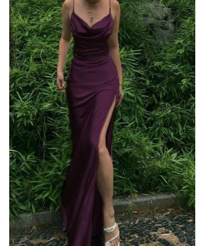 Women's Cowl Neck Mermaid Bridesmaid Dresses Spaghetti Straps Long Silk Satin Formal Dress with Slit Coral $24.60 Dresses