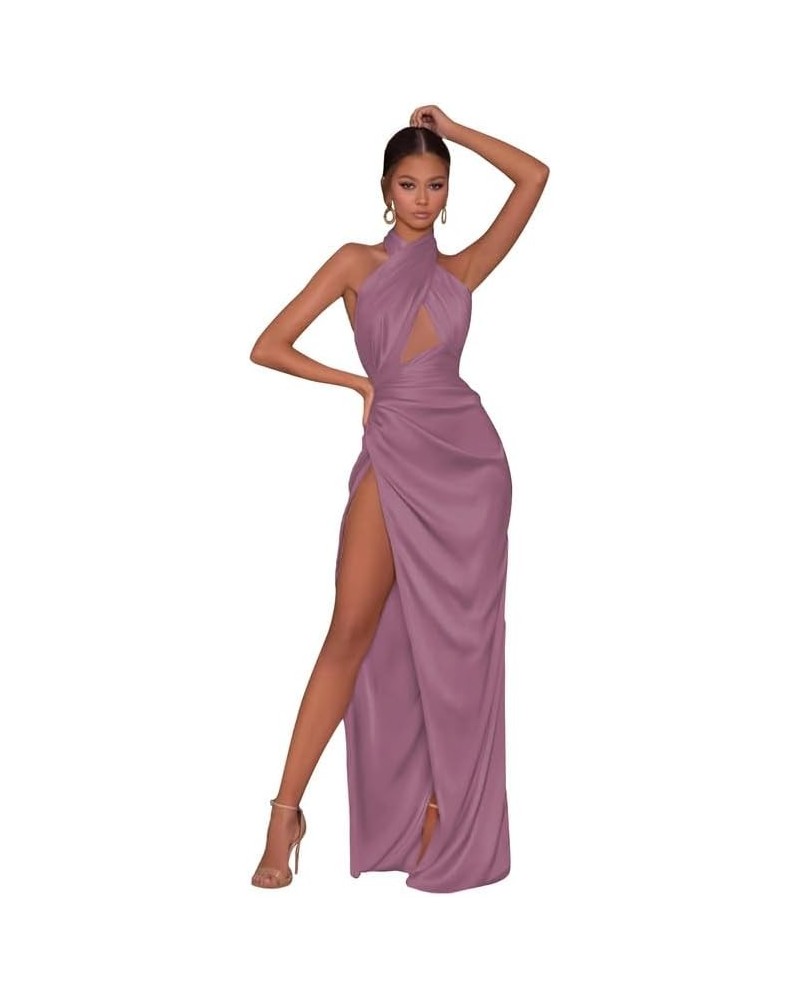 Mermaid Satin Prom Dresses Long Ball Gown 2024 Halter Pleated Backless Formal Evening Gown with Slit Wisteria $29.69 Dresses