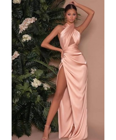 Mermaid Satin Prom Dresses Long Ball Gown 2024 Halter Pleated Backless Formal Evening Gown with Slit Wisteria $29.69 Dresses