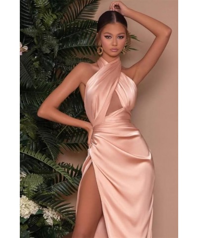 Mermaid Satin Prom Dresses Long Ball Gown 2024 Halter Pleated Backless Formal Evening Gown with Slit Wisteria $29.69 Dresses