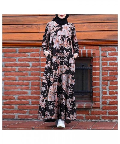 Women's Retro Kaftan Abaya Dress Muslim Long Sleeve Crew Neck Split Maxi Dress Islamic Arab Jilbab with Pockets 04-black $10....