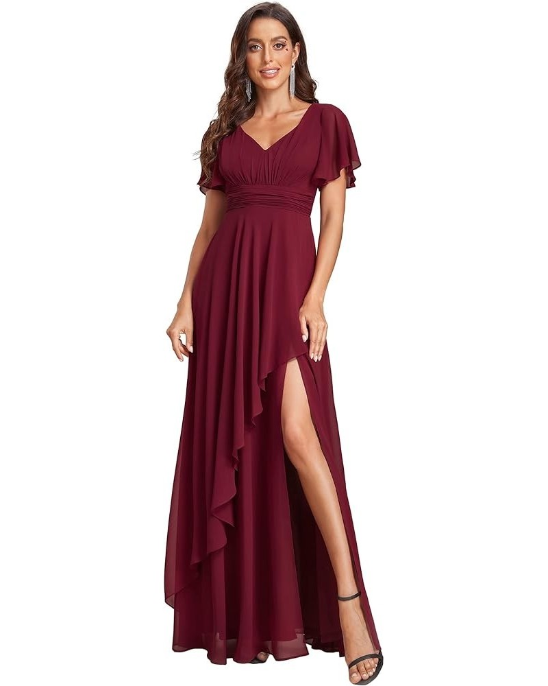 Women's V Neck Short Sleeves Ruffled Chiffon Evening Dress 01809 Burgundy $40.27 Dresses