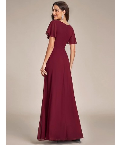 Women's V Neck Short Sleeves Ruffled Chiffon Evening Dress 01809 Burgundy $40.27 Dresses