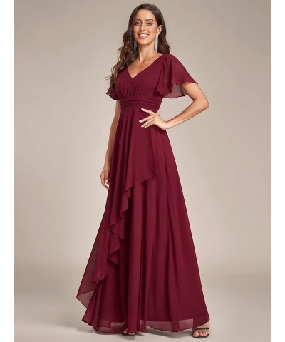 Women's V Neck Short Sleeves Ruffled Chiffon Evening Dress 01809 Burgundy $40.27 Dresses