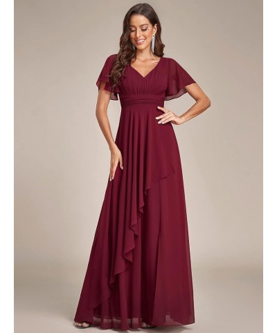 Women's V Neck Short Sleeves Ruffled Chiffon Evening Dress 01809 Burgundy $40.27 Dresses