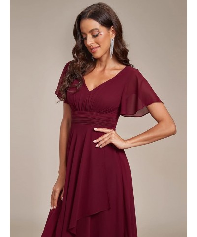 Women's V Neck Short Sleeves Ruffled Chiffon Evening Dress 01809 Burgundy $40.27 Dresses