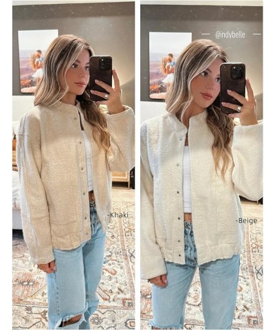 Women Bomber Jacket Casual Oversized Wool Blend Varsity Fall Jackets Shacket Outwear Beige $8.80 Coats