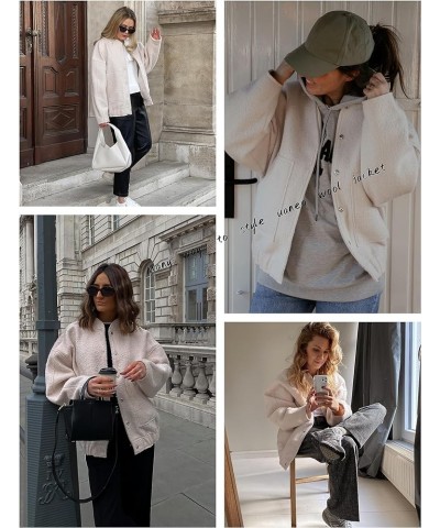 Women Bomber Jacket Casual Oversized Wool Blend Varsity Fall Jackets Shacket Outwear Beige $8.80 Coats