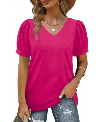 Womens Summer Tops Puff Short Sleeve V Neck T Shirts Loose Casual Tshirts 03f-hot Pink $11.25 T-Shirts