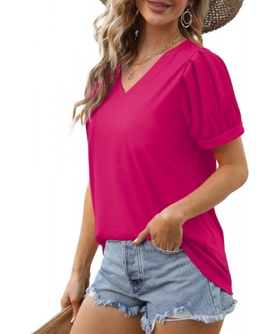 Womens Summer Tops Puff Short Sleeve V Neck T Shirts Loose Casual Tshirts 03f-hot Pink $11.25 T-Shirts