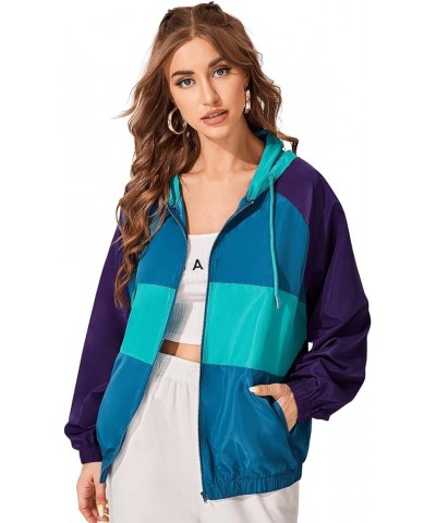 Women's Lightweight Windbreaker Patchwork Zipper Sport Jacket Coat Outerwear Blue Purple $22.13 Jackets