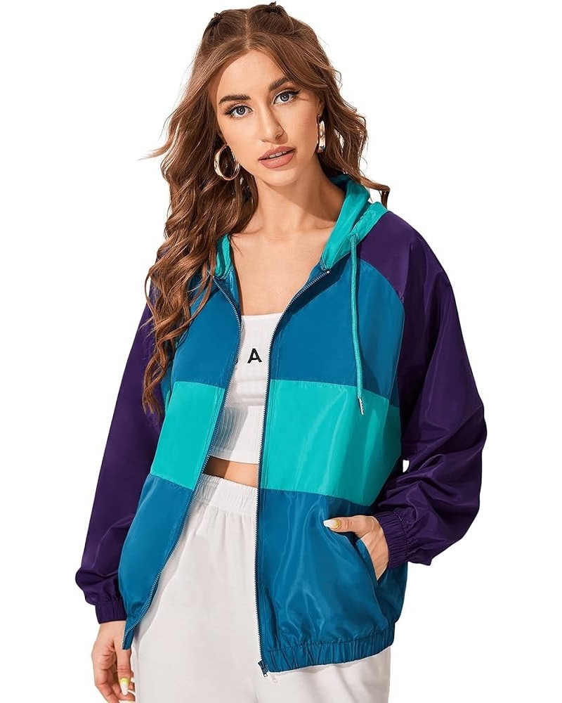 Women's Lightweight Windbreaker Patchwork Zipper Sport Jacket Coat Outerwear Blue Purple $22.13 Jackets