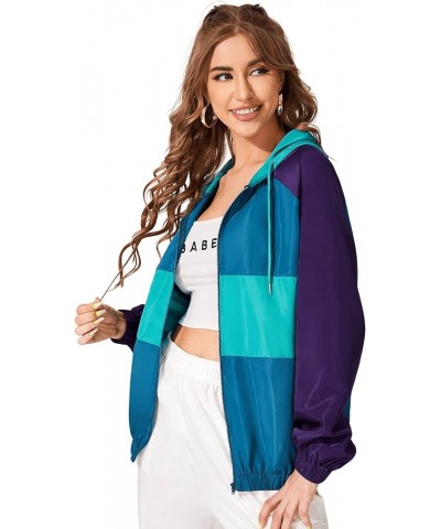 Women's Lightweight Windbreaker Patchwork Zipper Sport Jacket Coat Outerwear Blue Purple $22.13 Jackets