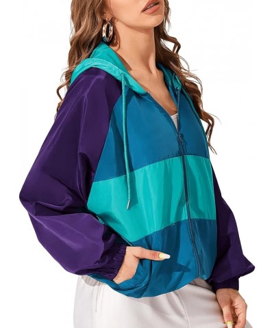 Women's Lightweight Windbreaker Patchwork Zipper Sport Jacket Coat Outerwear Blue Purple $22.13 Jackets