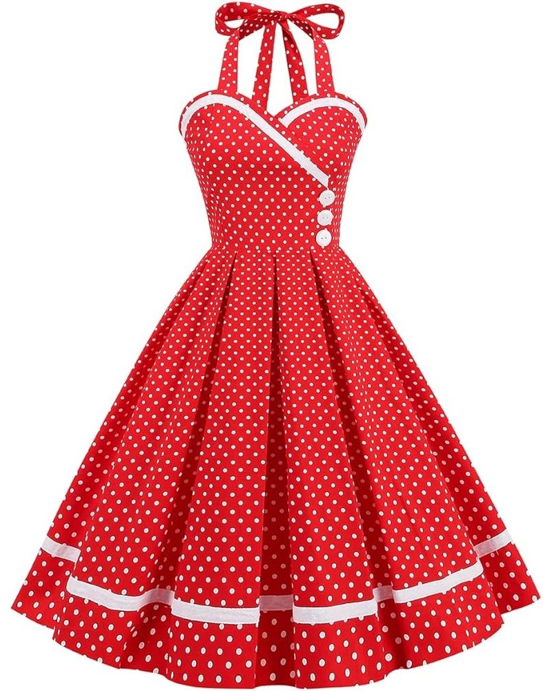 Vintage Women 1950s Rockabilly Swing Dress Pinup 50s Retro Hepburn Style Halterneck A-Line Dresses D: Red Polka Dots $15.59 D...