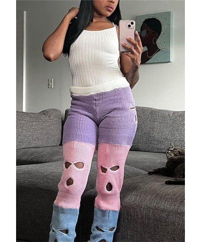 Women's Knit Crochet Stacked Pants Color Block Sexy Hollow Out High Waisted Leggings Sweatpants Trousers Purple $18.71 Leggings