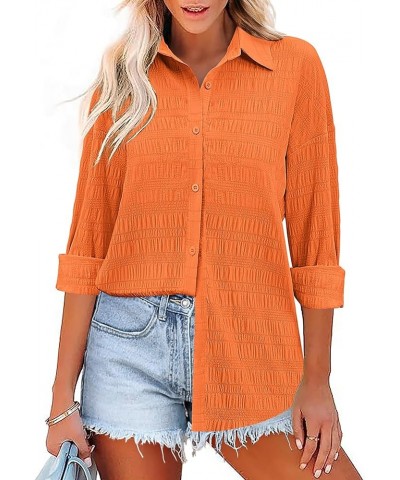 Oversized Women Button Down Shirt Lightweight Square Textured Long Sleeve Blouse Drop Shoulder Tunic Tops S-XXL Orange $10.75...