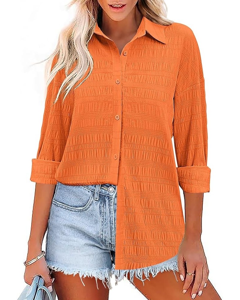 Oversized Women Button Down Shirt Lightweight Square Textured Long Sleeve Blouse Drop Shoulder Tunic Tops S-XXL Orange $10.75...