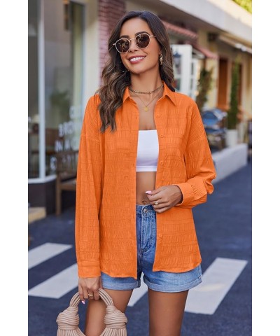 Oversized Women Button Down Shirt Lightweight Square Textured Long Sleeve Blouse Drop Shoulder Tunic Tops S-XXL Orange $10.75...