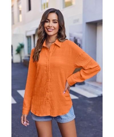 Oversized Women Button Down Shirt Lightweight Square Textured Long Sleeve Blouse Drop Shoulder Tunic Tops S-XXL Orange $10.75...