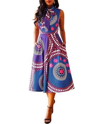 Pocket A-Line Sleeveless Color Block Print High Waist Women's Maxi Dress Dark Blue $14.35 Dresses