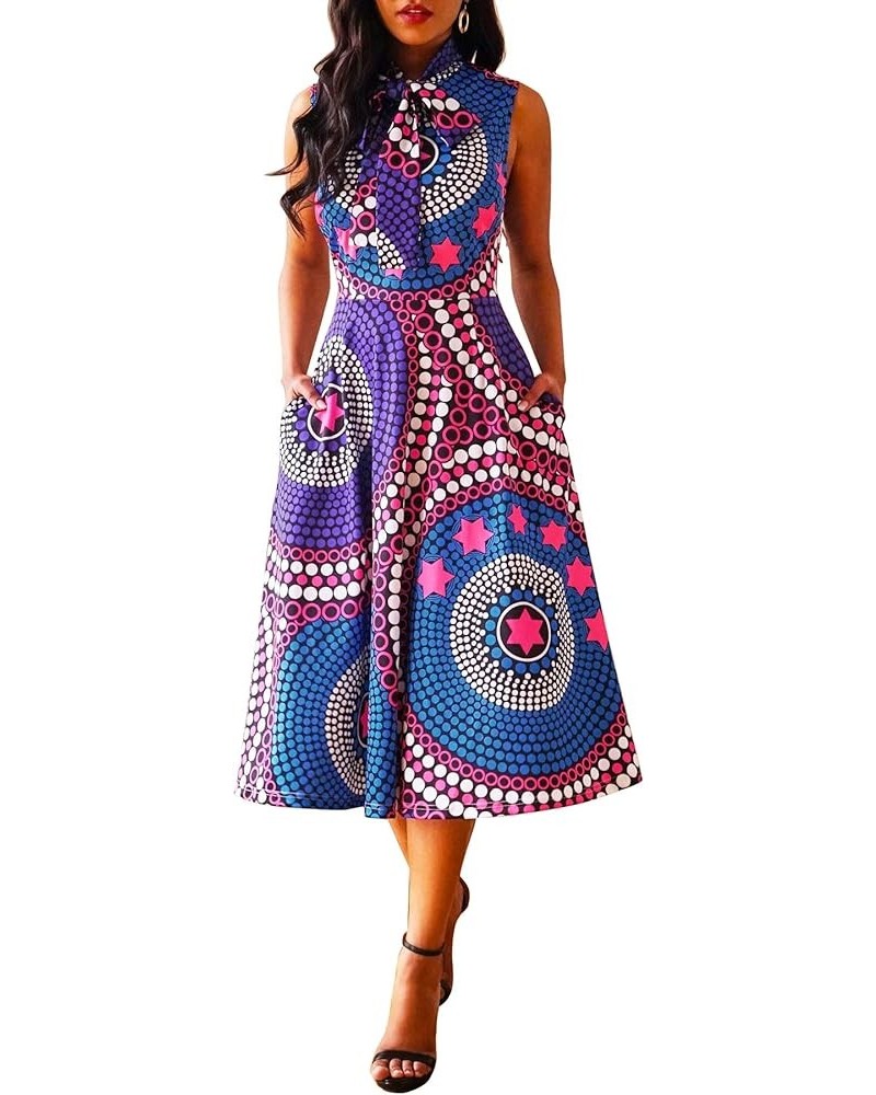 Pocket A-Line Sleeveless Color Block Print High Waist Women's Maxi Dress Dark Blue $14.35 Dresses