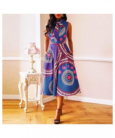 Pocket A-Line Sleeveless Color Block Print High Waist Women's Maxi Dress Dark Blue $14.35 Dresses